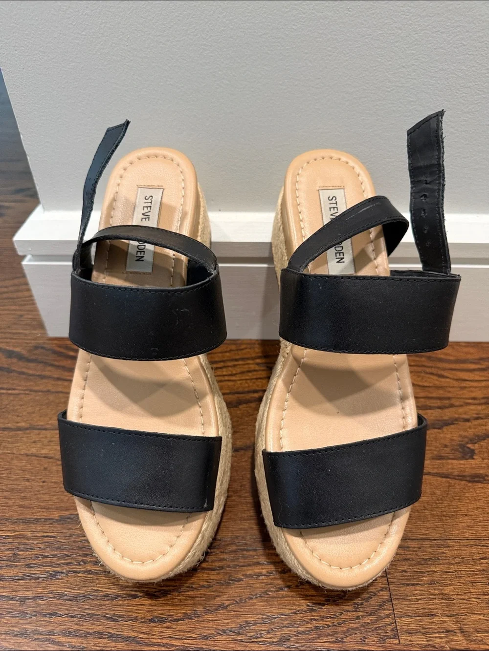 Steve Madden Black and Tan Espadrille Platform Sandals